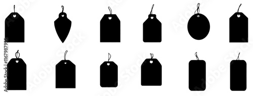 Set of Blank Price Tag Silhouettes with Strings Vector Illustration