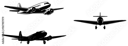 Set of Vintage Airplane Silhouettes Front and Side Views Vector Illustration