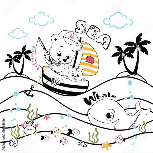 Adorable animal vector illustration fishing with a boat in the deep sea near an island.