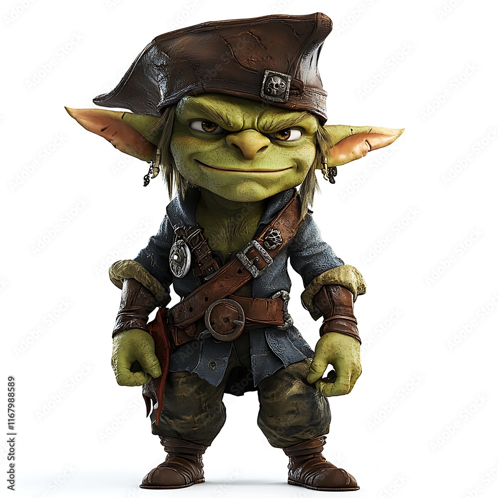 Fototapeta premium A mischievous green goblin pirate, rendered in 3D, stands confidently against a white background, showcasing detailed costume and expression.