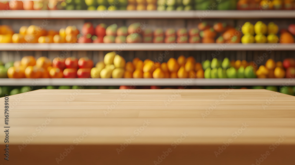 Wooden Tabletop with Blurred Produce Shelves Wooden Tabletop with Blurred Produce Shelves