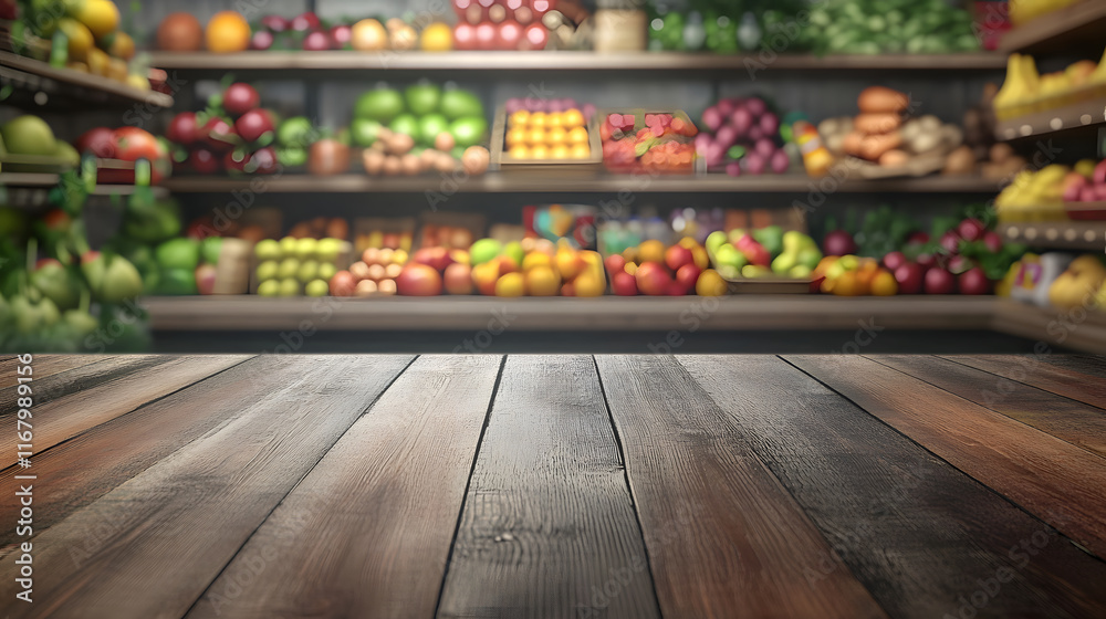 Wooden Tabletop with Blurred Produce Display Wooden Tabletop with Blurred Produce Display