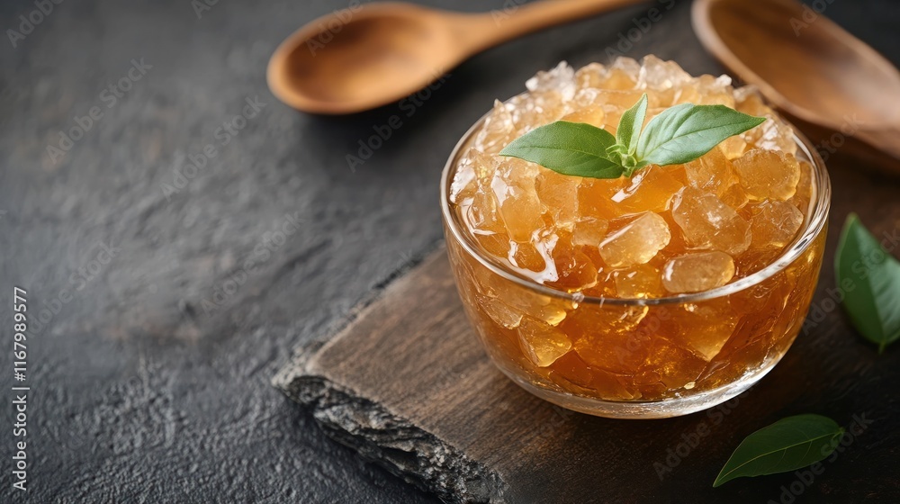 Homemade citrus jelly or jam in a rustic glass bowl garnished with fresh citrus slices and a wooden spoon set against a dark slate background Homemade citrus jelly or jam in a rustic glass bowl garnished with fresh citrus slices and a wooden spoon set against a dark slate background
