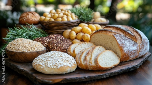 A rustic display of various breads, grains, and potatoes on a wooden platter. photo