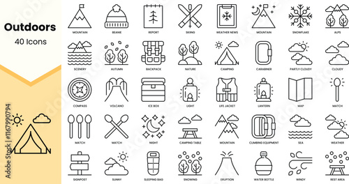 Set of outdoors icons. Simple line art style icons pack. Vector illustration