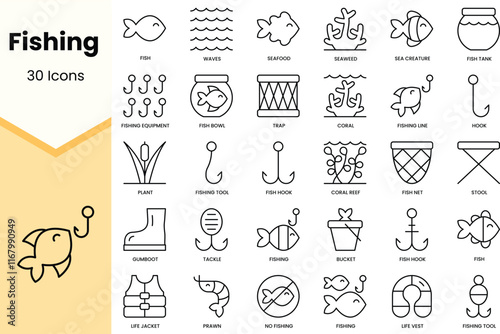 Set of fishing icons. Simple line art style icons pack. Vector illustration