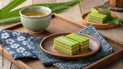 Cozy Kuih Lapis Served with Tea on Wooden Tray photo