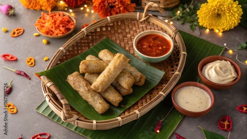 Festive Flat Lay of Keropok Lekor with Dipping Sauces