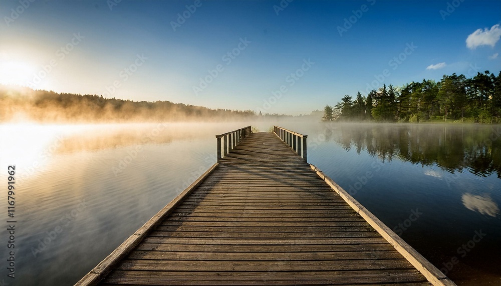 A peaceful pier extending into a calm lake with mist rising in the morning light. A peaceful pier extending into a calm lake with mist rising in the morning light.