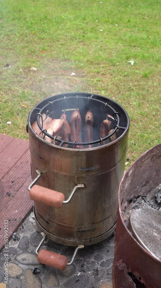 Close-Up of Vertical Smoker with Wooden Handles Cooking Hanging Bacon Strips While Releasing Smoke Outdoors Close-Up of Vertical Smoker with Wooden Handles Cooking Hanging Bacon Strips While Releasing Smoke Outdoors