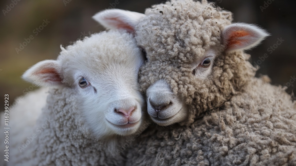 Obraz premium two lamb baby sheep cuddle at outdoor grass field 