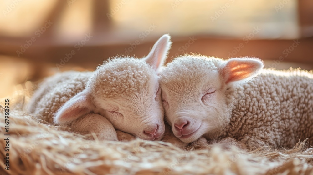 two baby sheep sleeping cuddle on hay floor at barn two baby sheep sleeping cuddle on hay floor at barn