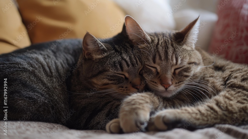 cute two cat sleeping cuddle on cozy sofa at home cute two cat sleeping cuddle on cozy sofa at home