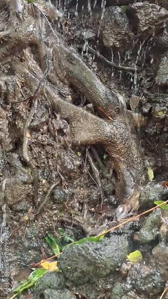 Groundwater flowing out through the gaps in the roots of a large tree. Groundwater flowing out through the gaps in the roots of a large tree.