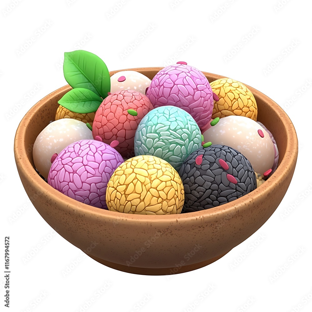 A wooden bowl overflowing with colorful, textured ice cream scoops, garnished with green leaves. A wooden bowl overflowing with colorful, textured ice cream scoops, garnished with green leaves.