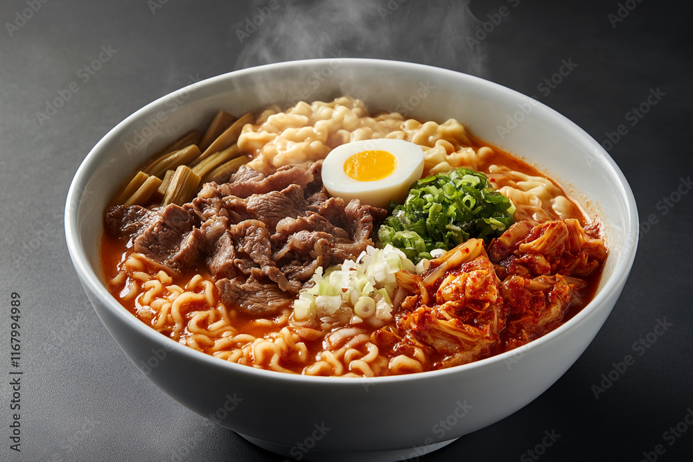 Delicious bowl of spicy ramen with beef, egg, and kimchi topped with scallions served hot Delicious bowl of spicy ramen with beef, egg, and kimchi topped with scallions served hot