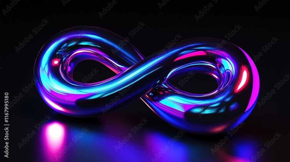 Fototapeta premium Shiny chrome infinity symbol on dark surface, reflective.