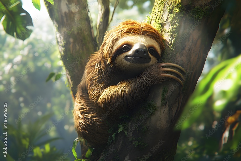 Naklejka premium Sloth in Rainforest Canopy: A Digital Painting