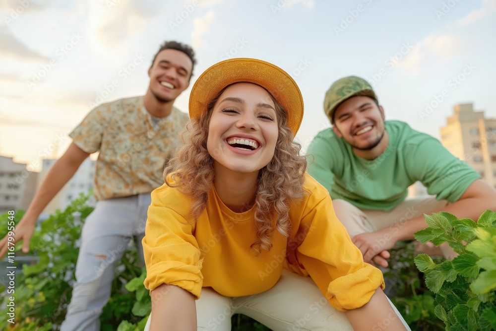 Three happy young farmers are laughing while working in a rooftop garden, enjoying sustainable agriculture and urban farming Three happy young farmers are laughing while working in a rooftop garden, enjoying sustainable agriculture and urban farming