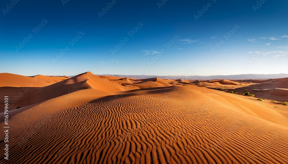 Naklejka premium A serene desert landscape with golden sand dunes under a clear blue sky.