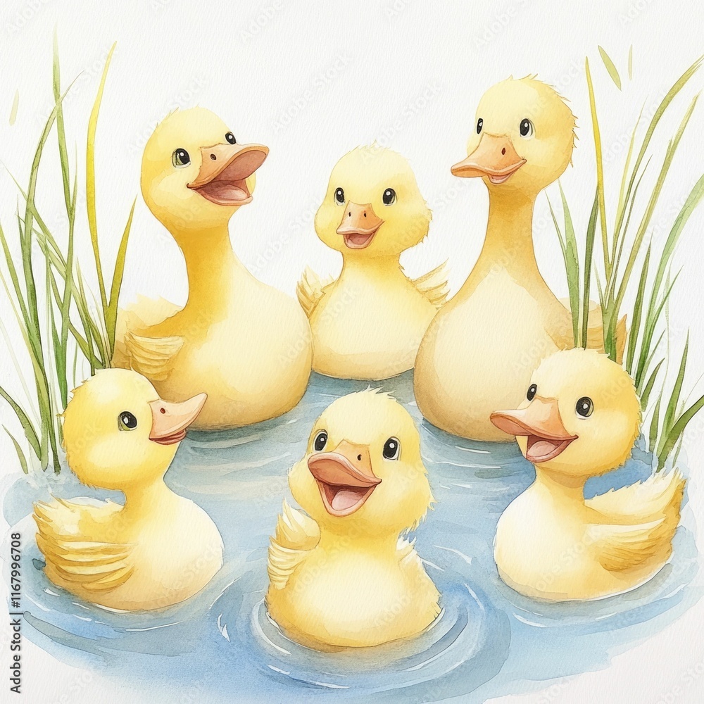 Φωτογραφία Whimsical watercolor of a group of adorable ducklings swimming and waddling near
