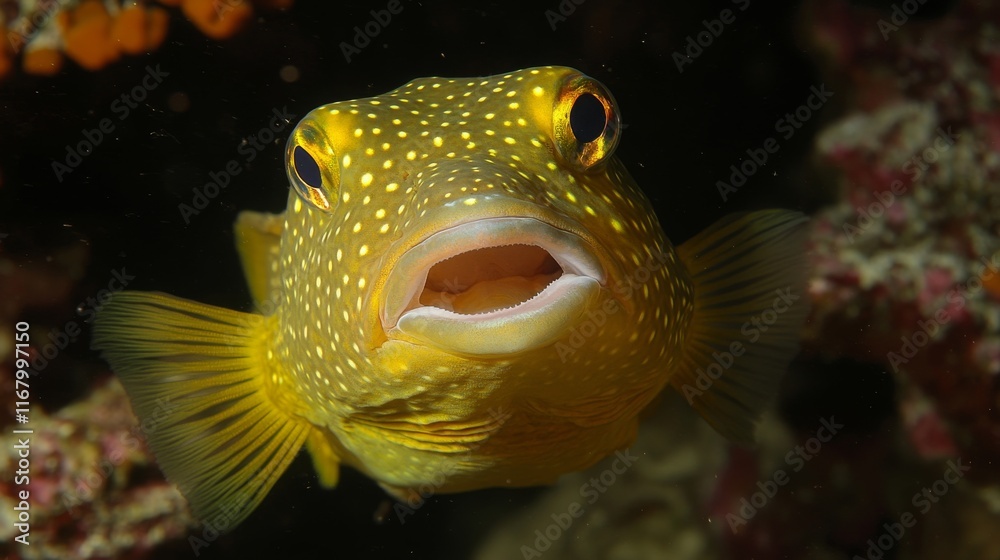 Vibrant Close-Up of a Spotted Pufferfish Swimming in a Colorful Coral Reef Environment, Showcasing Its Unique Features and Marine Habitat Vibrant Close-Up of a Spotted Pufferfish Swimming in a Colorful Coral Reef Environment, Showcasing Its Unique Features and Marine Habitat