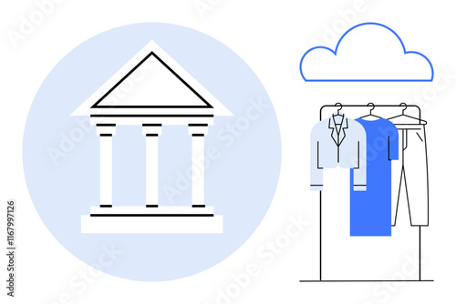 Government building with columns and triangular roof. Cloud icon over clothing rack with various garments. Ideal for storage, fashion, cloud computing, digital management, organization, smart