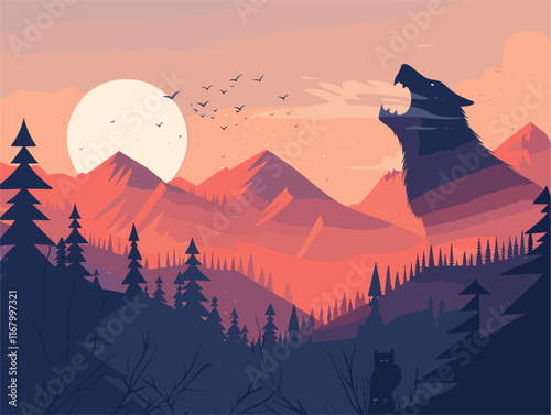 Animated Vector Illustration of a Beast's Roar Echoing Through a Flat Landscape, Sending Chills Down the Spine