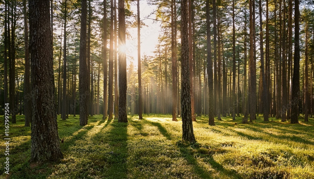 Fototapeta premium A serene forest clearing with sunlight streaming through tall pine trees.