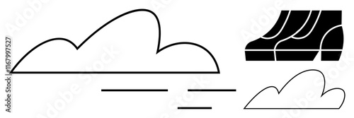 Abstract cloud outlines alongside stylized shoes create a contrast of stillness and movement. Ideal for weather, travel, freedom, nature, abstract concepts, contrast, dynamics. Minimalist design