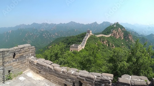 Breathtaking Panoramic View of the Great Wall of China Snaking Over Mountain Ridges Against a Clear Blue Sky and Green Valley Landscape