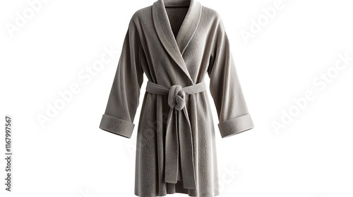 A cozy gray bathrobe with a belt, designed for comfort and relaxation. photo