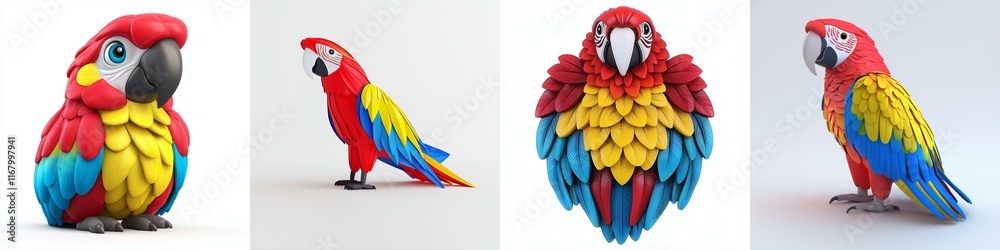 Obraz premium Colorful, detailed parrot sculptures showcasing vibrant red, blue, and yellow feathers from various angles.
