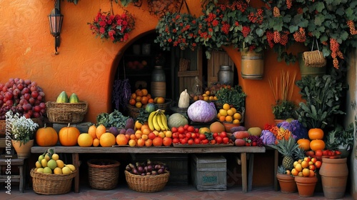 Colorful fruit and vegetable market stall.