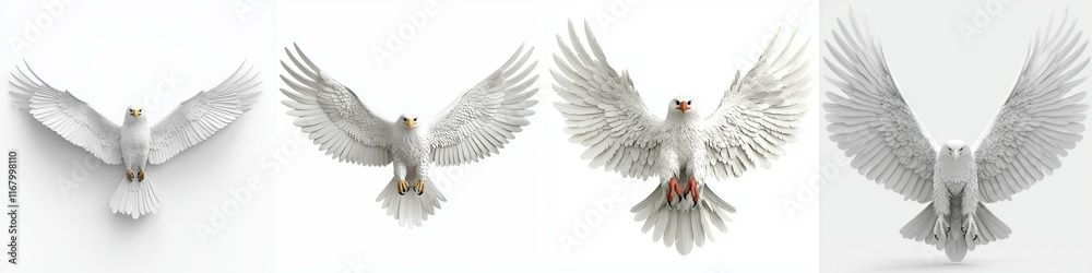 Obraz premium A series of four white birds with wings spread, showcasing elegance and freedom against a minimalist background.