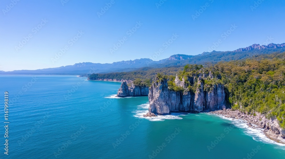 Obraz premium Aerial view of rugged coastal cliffs and clear blue waters.