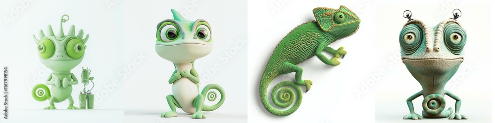 Obraz premium Four whimsical green chameleons with playful designs, showcasing unique patterns and characteristics, set against a plain background.