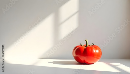 A tomato shaped lamp casts a shadow in a white-walled room, creating a striking visual contrast in this stock photo photo