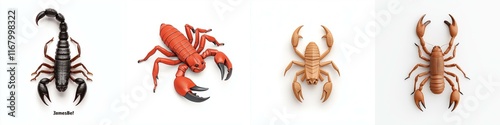 The image features four distinct arachnids: a scorpion, a red crab, and two types of spider-like creatures, showcasing their unique appearances. photo