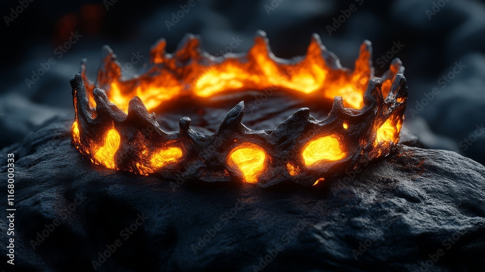 A glowing crown made of dark stone, adorned with fiery orange accents, resting on a textured surface, evoking a sense of power and mystique. A glowing crown made of dark stone, adorned with fiery orange accents, resting on a textured surface, evoking a sense of power and mystique.