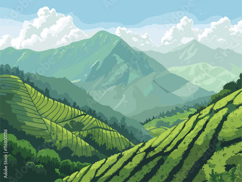 Mesmerizing Darjeeling Hills: A Tapestry of Tea Plantations and Himalayan Splendor in Animated Vector
