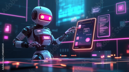 AI-powered robot optimizing user experience design on a futuristic digital interface, analyzing layouts and prototypes with vibrant neon accents in a creative workspace.