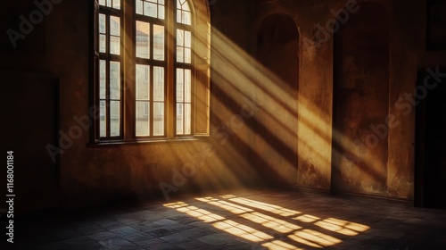 Sunlight streaming through vintage windows abandoned room photography artistic interior dramatic lighting