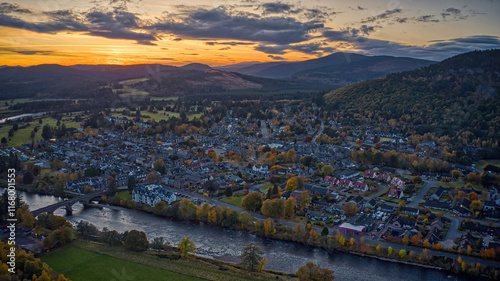 Schilderij op canvas Aerial View of Ballater, Scotland, United Kingdom during Autumn Sunset