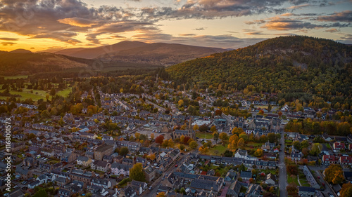 Schilderij op canvas Aerial View of Ballater, Scotland, United Kingdom during Autumn Sunset