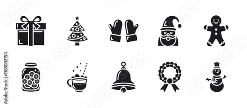 Christmas icon pack with glyph style, featuring gifts, pine trees, Santa, jingle bells, cookies, wreaths, snowman, and more. Perfect for holiday designs, cards, and festive projects.