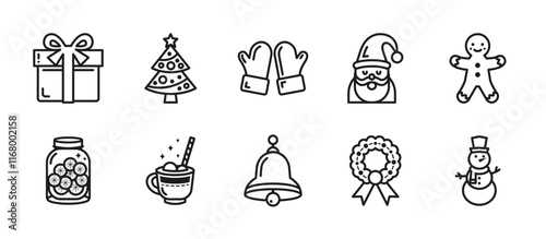 Christmas icon pack with outline style, featuring gifts, pine trees, Santa, jingle bells, cookies, wreaths, snowman, and more. Perfect for holiday designs, cards, and festive projects.