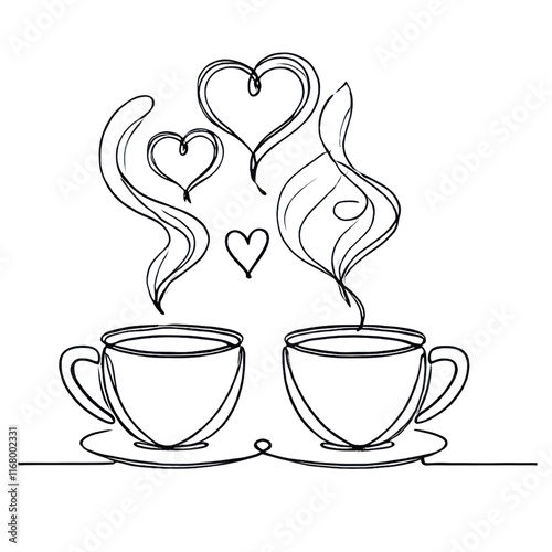 Minimalist line art of coffee cups with intertwined heart-shaped steam.