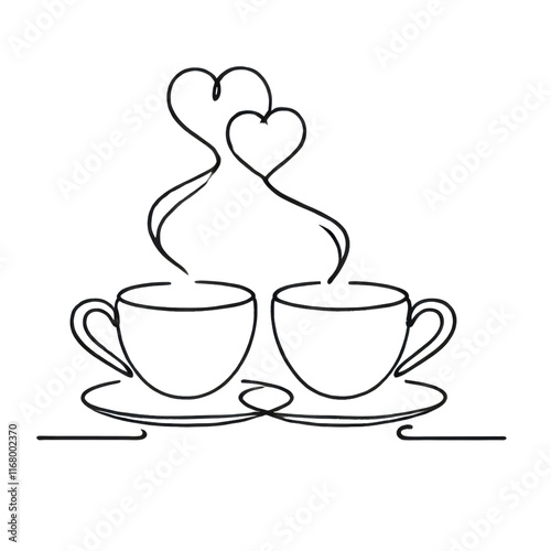 Minimalist line art of coffee cups with intertwined heart-shaped steam.
