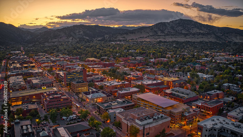 Aerial View of Downtown Boulder, Colorado at Sunset